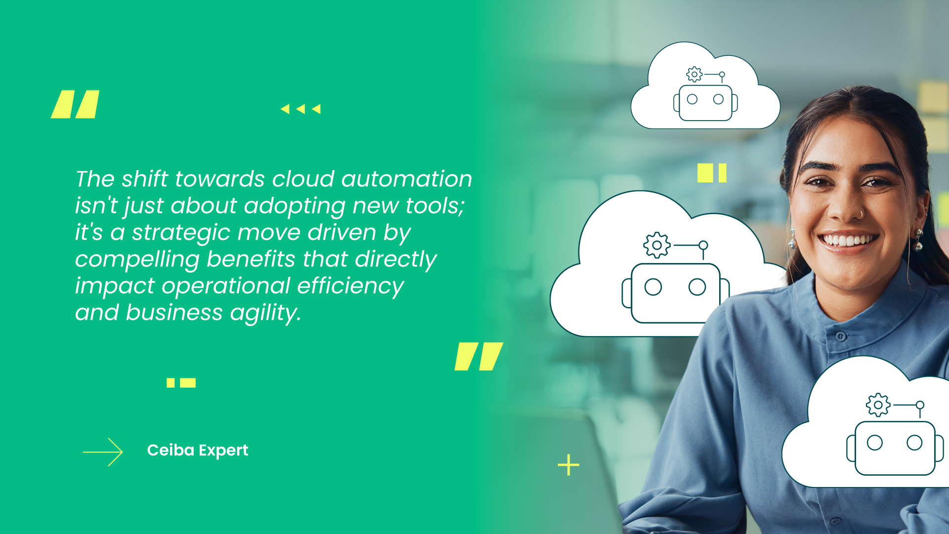IT professional with cloud automation icons and quote about strategic benefits of cloud automation for operational efficiency and business agility – Ceiba Expert insight