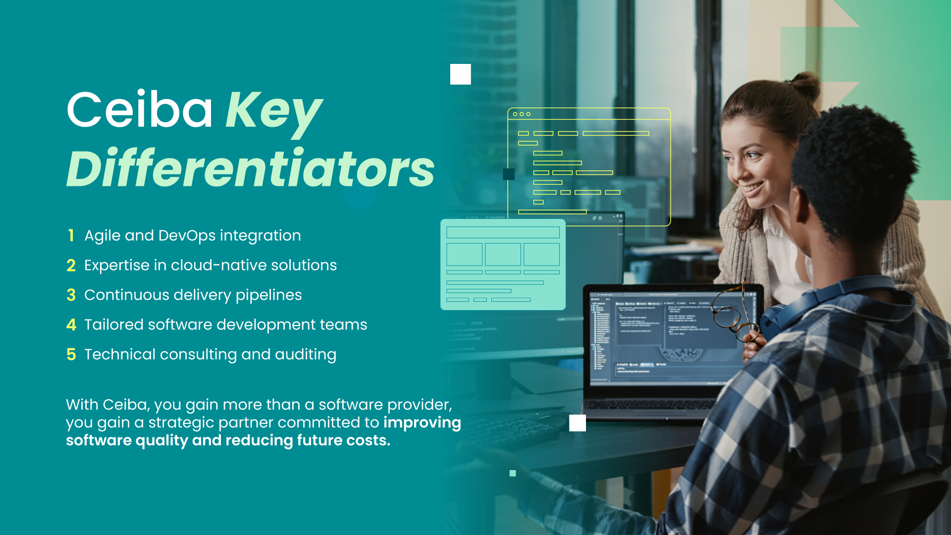 Ceiba key differentiators including Agile and DevOps integration, cloud-native expertise, continuous delivery pipelines, tailored software teams, and technical consulting