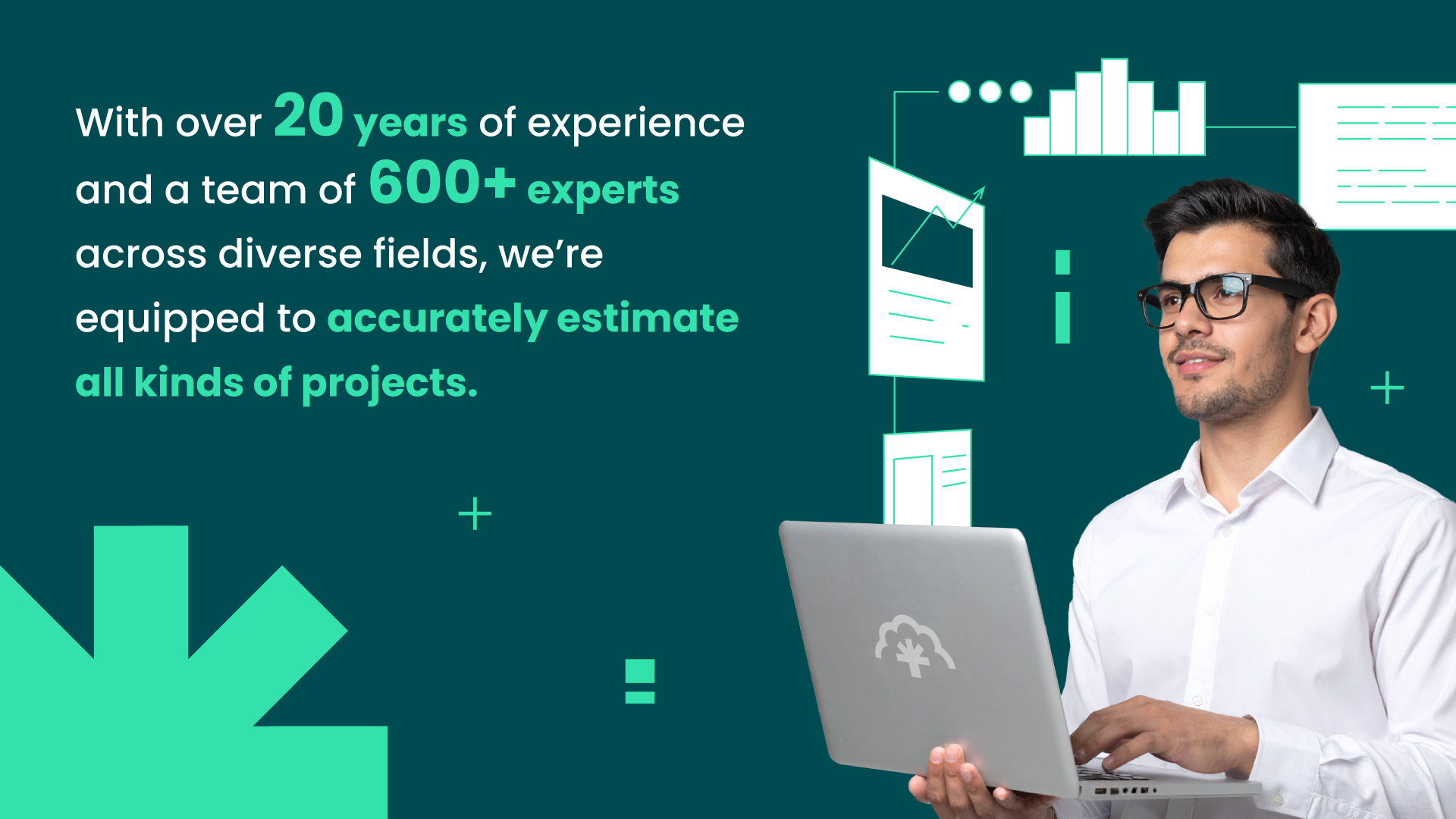 Custom software development expert working on a laptop, representing 20 years of experience and 600+ IT professionals delivering accurate software project estimation across industries.