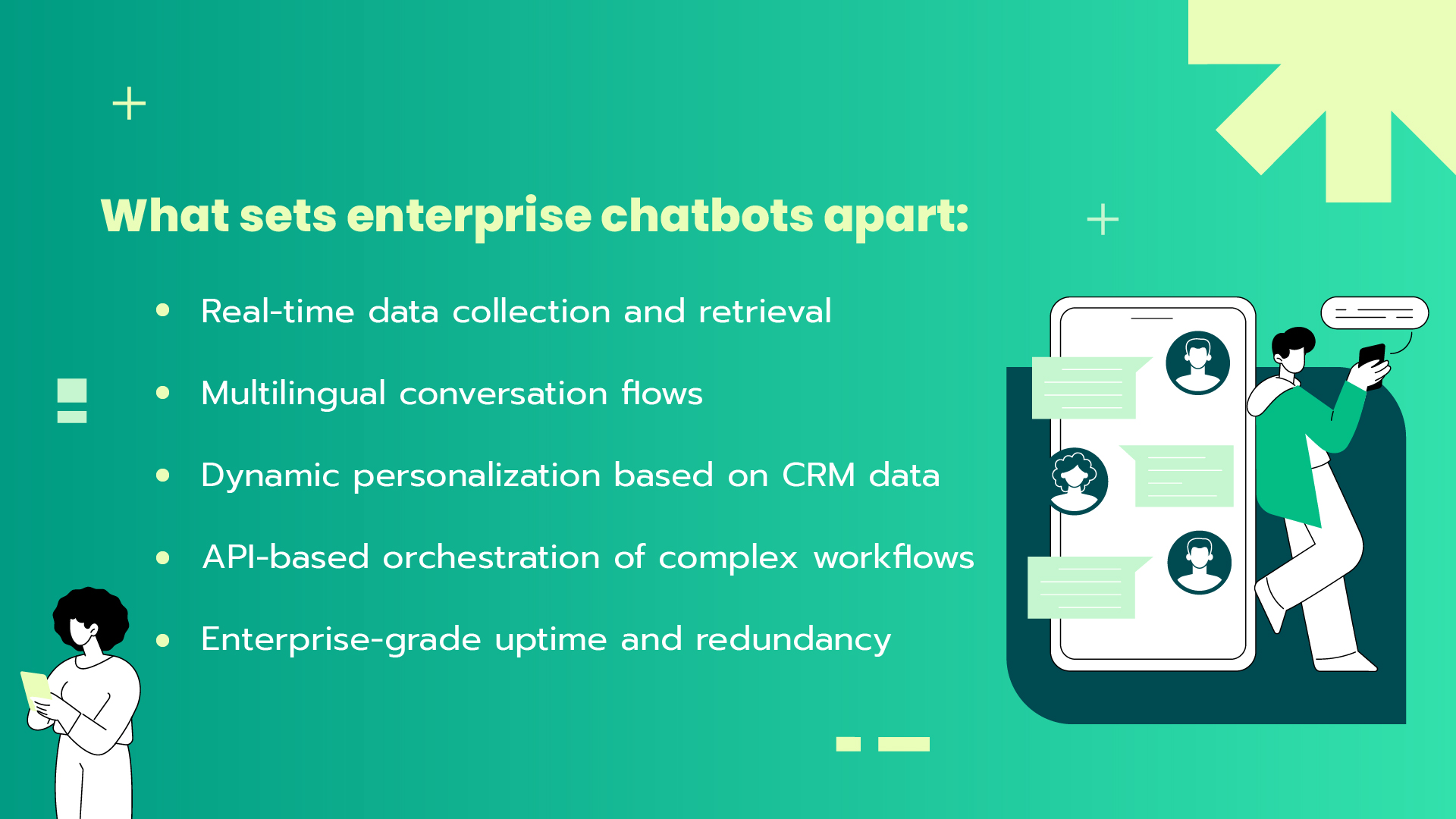 Key differentiators of enterprise chatbots, including real-time data collection, multilingual capabilities, dynamic personalization through CRM integration, API-based workflow orchestration, and enterprise-grade reliability