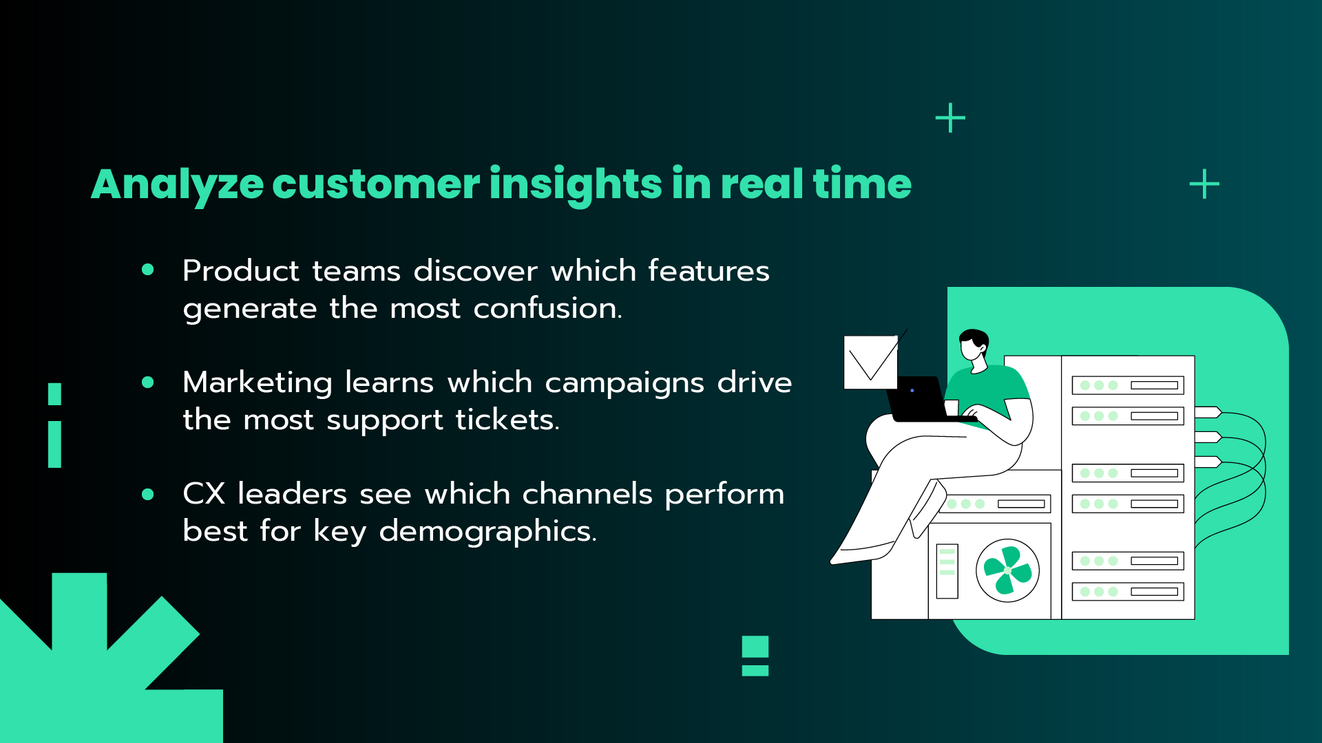 Data visualization highlighting the benefits of real-time customer insight analysis for product improvement, marketing optimization, and customer experience performance tracking