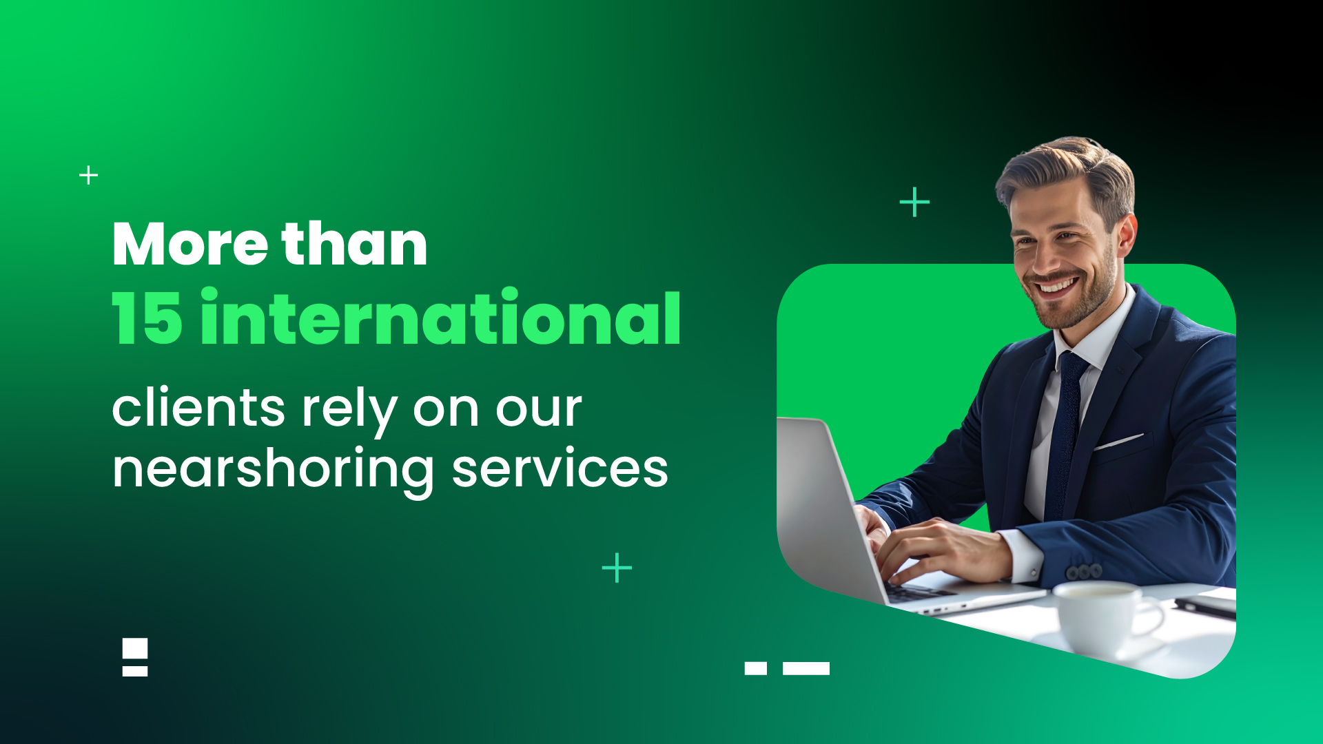 Visual highlighting that more than 15 international clients rely on Ceiba’s nearshoring software development services, emphasizing trust, collaboration, and global delivery capability.