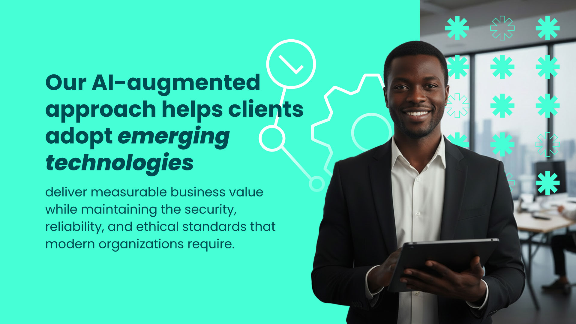 Enterprise AI visual illustrating an AI-augmented approach to adopting emerging technologies, emphasizing measurable business value, security, reliability, and ethical standards required by modern organizations.