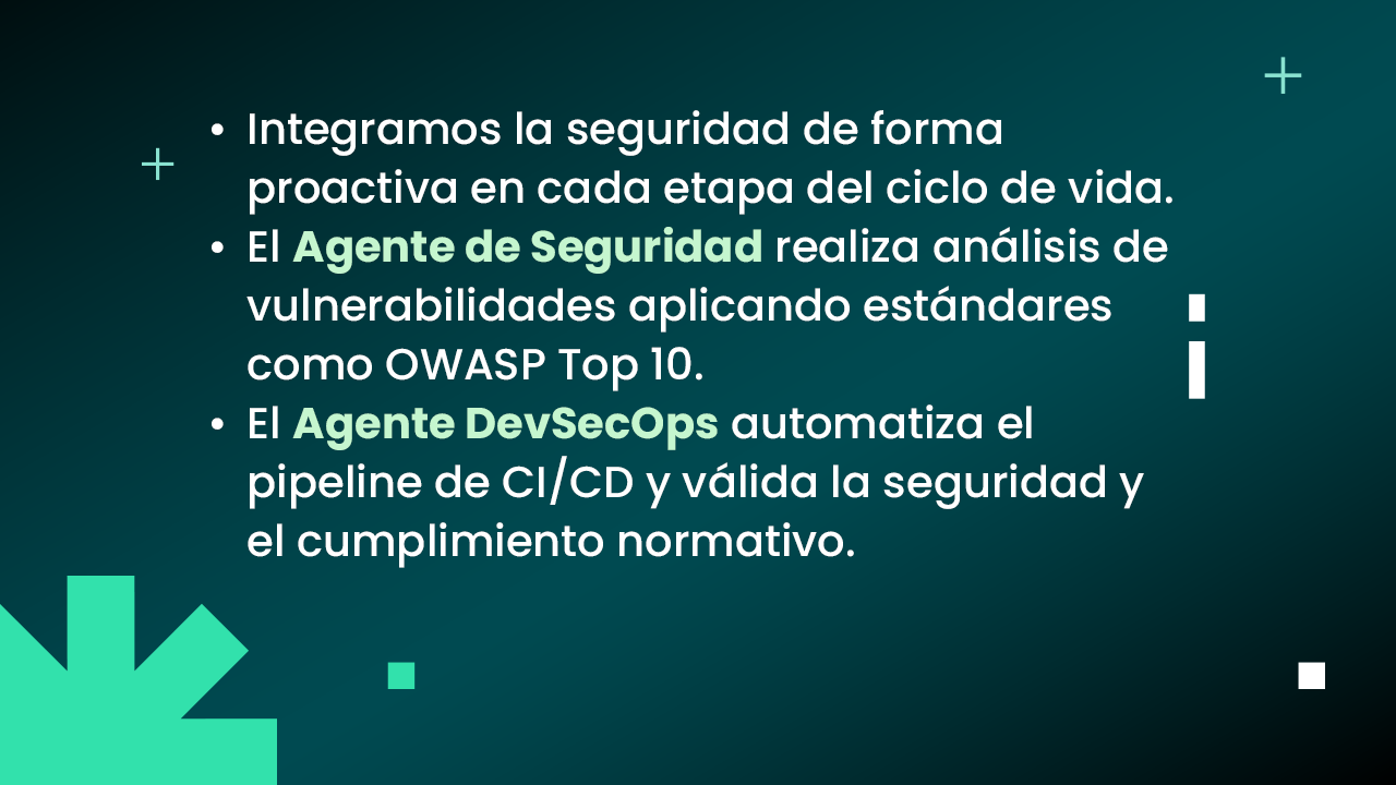 Descripción de una estrategia DevSecOps que integra la seguridad de forma proactiva en cada etapa del ciclo de vida del software, utilizando agentes de seguridad y automatización del pipeline CI/CD para el análisis de vulnerabilidades, cumplimiento normativo y estándares como OWASP Top 10.